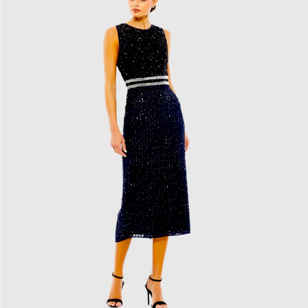 Mac Duggal Navy Sleeveless High Neck Beaded Midi Sheath Dress - US 6